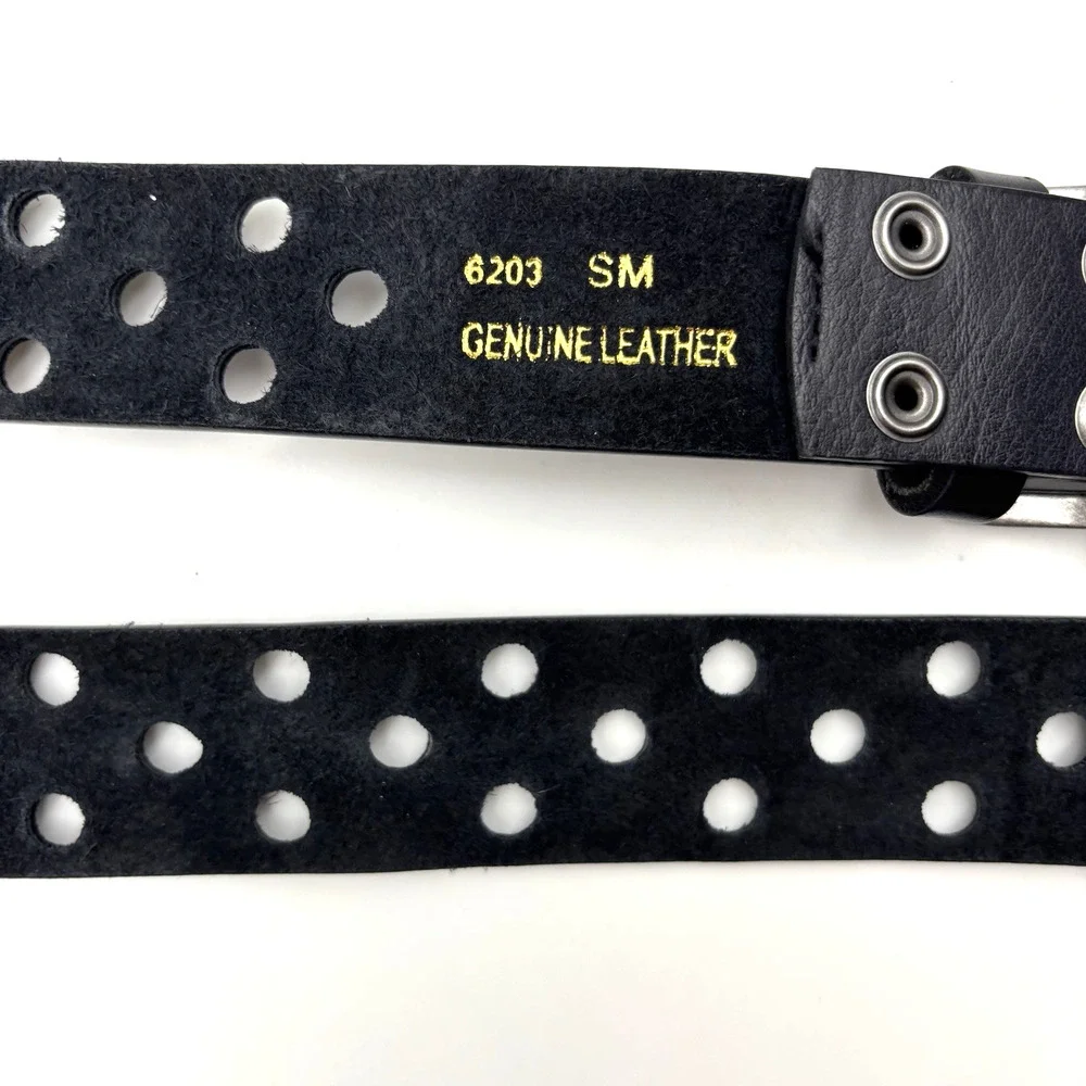 Vintage Y2K Black Genuine Leather Single Prong 3-row Holes Belt S/M Up to 36